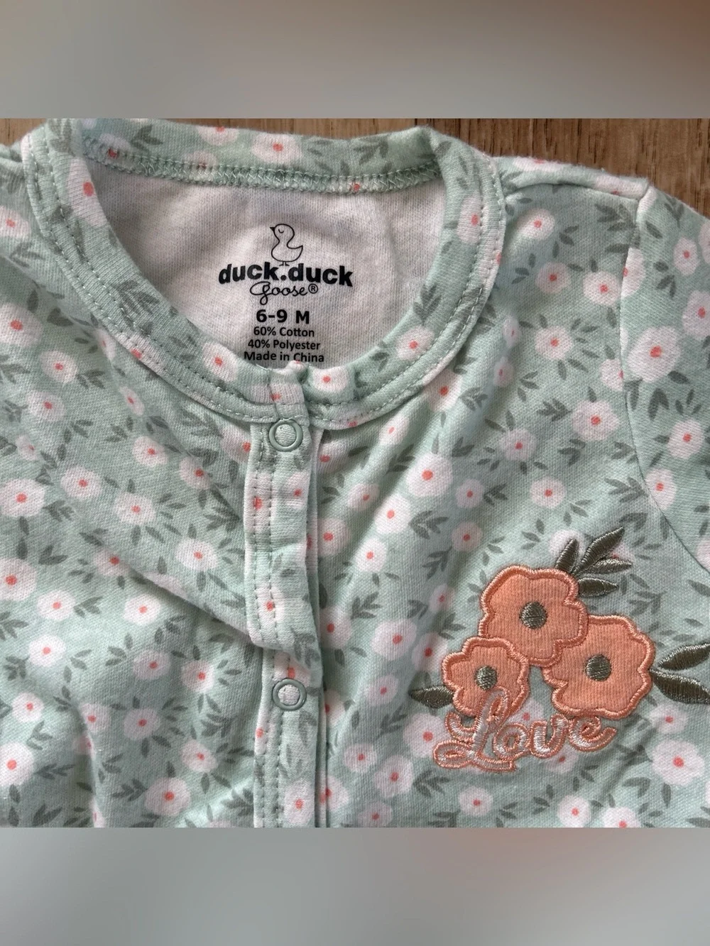 Baby Girl Green & Coral Pink Floral Print Footed Sleeper size 6-9 months
